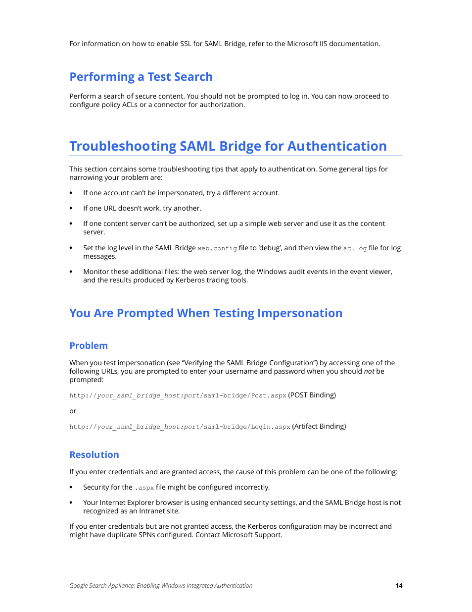 Performing a test search, Troubleshooting saml bridge for authentication, You are prompted when testing impersonation | Google Search Appliance Enabling Windows Integrated Authentication version 7.2 User Manual | Page 14 / 20