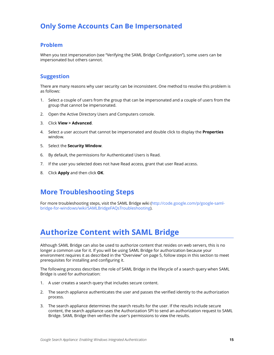 Only some accounts can be impersonated, More troubleshooting steps, Authorize content with saml bridge | Google Search Appliance Enabling Windows Integrated Authentication version 7.2 User Manual | Page 15 / 20