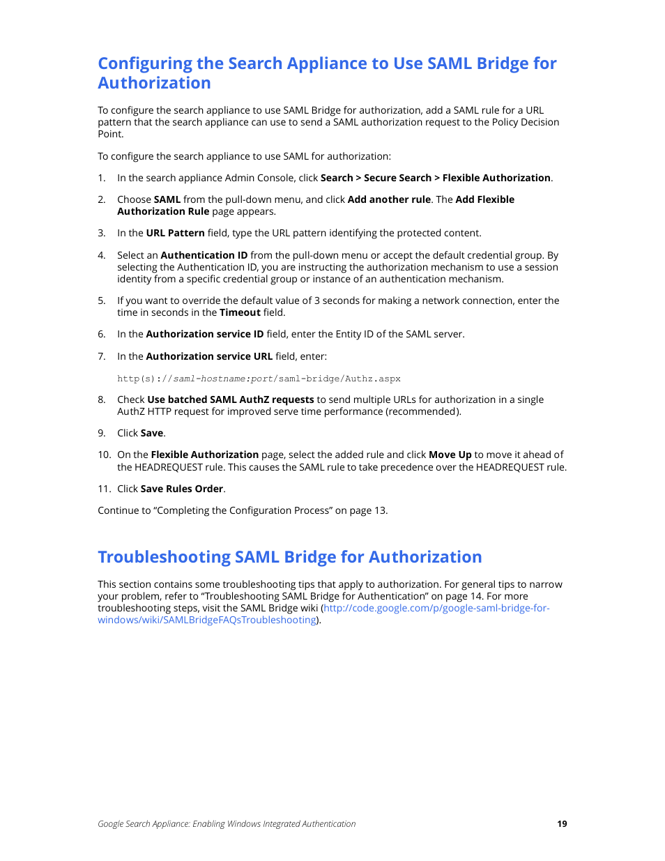 Troubleshooting saml bridge for authorization | Google Search Appliance Enabling Windows Integrated Authentication version 7.2 User Manual | Page 19 / 20