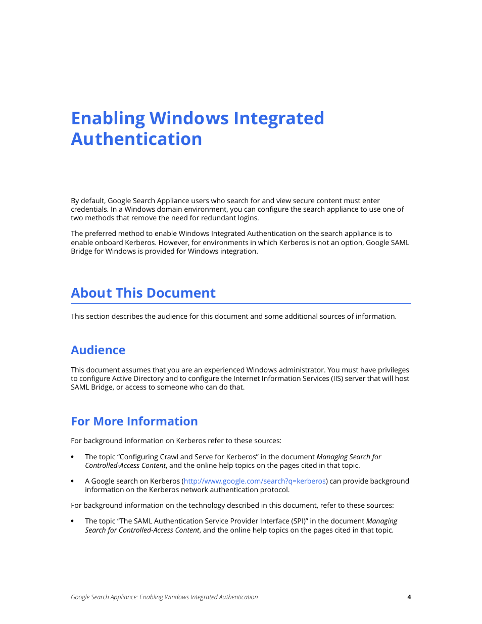 Enabling windows integrated authentication, About this document, Audience | For more information | Google Search Appliance Enabling Windows Integrated Authentication version 7.2 User Manual | Page 4 / 20