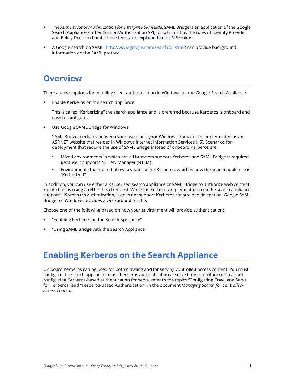 Overview, Enabling kerberos on the search appliance | Google Search Appliance Enabling Windows Integrated Authentication version 7.2 User Manual | Page 5 / 20