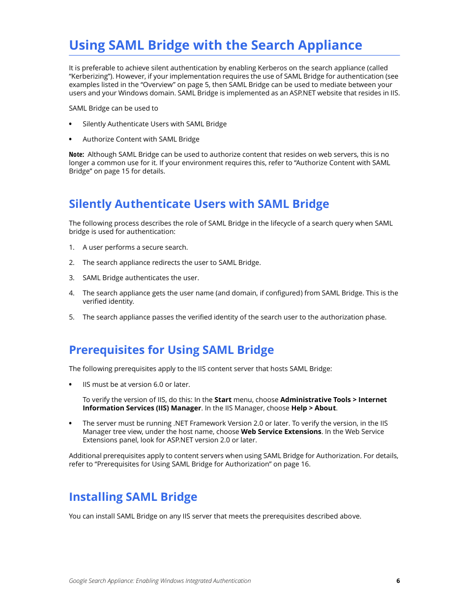 Using saml bridge with the search appliance, Silently authenticate users with saml bridge, Prerequisites for using saml bridge | Installing saml bridge | Google Search Appliance Enabling Windows Integrated Authentication version 7.2 User Manual | Page 6 / 20