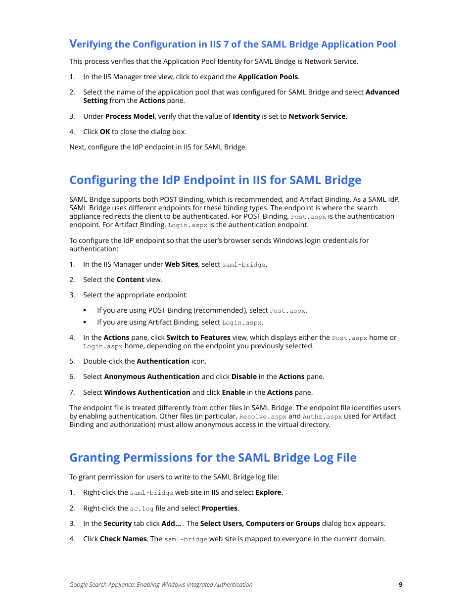 Granting permissions for the saml bridge log file | Google Search Appliance Enabling Windows Integrated Authentication version 7.2 User Manual | Page 9 / 20