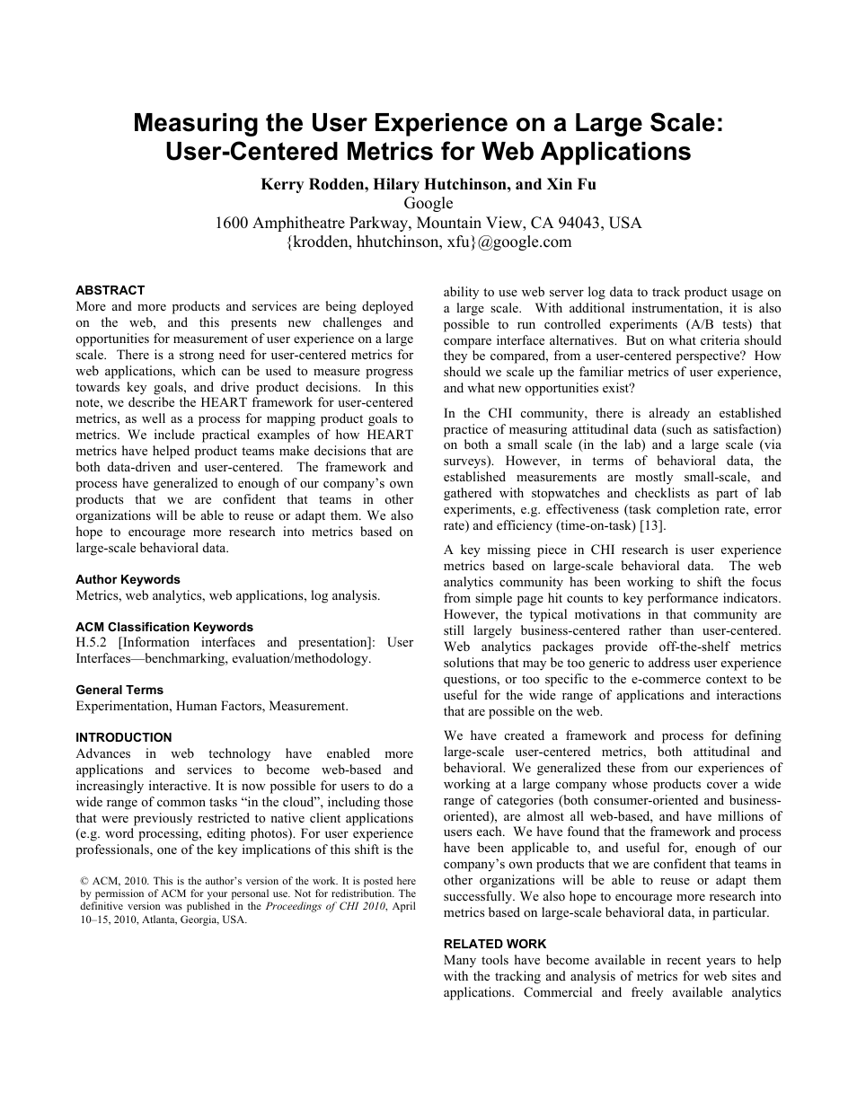 Google Measuring the User Experience on a Large Scale: User-Centered Metrics for Web Applications User Manual | 4 pages