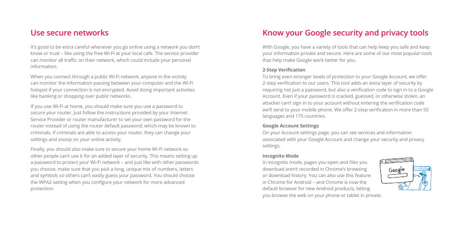 Use secure networks, Know your google security and privacy tools | Google Good to Know A guide to staying safe and secure online User Manual | Page 5 / 13