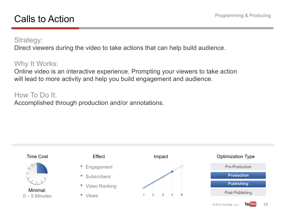 Calls to action, Strategy, Why it works | How to do it, Accomplished through production and/or annotations | Google YouTube Creator Playbook Guide Version 2 User Manual | Page 18 / 91