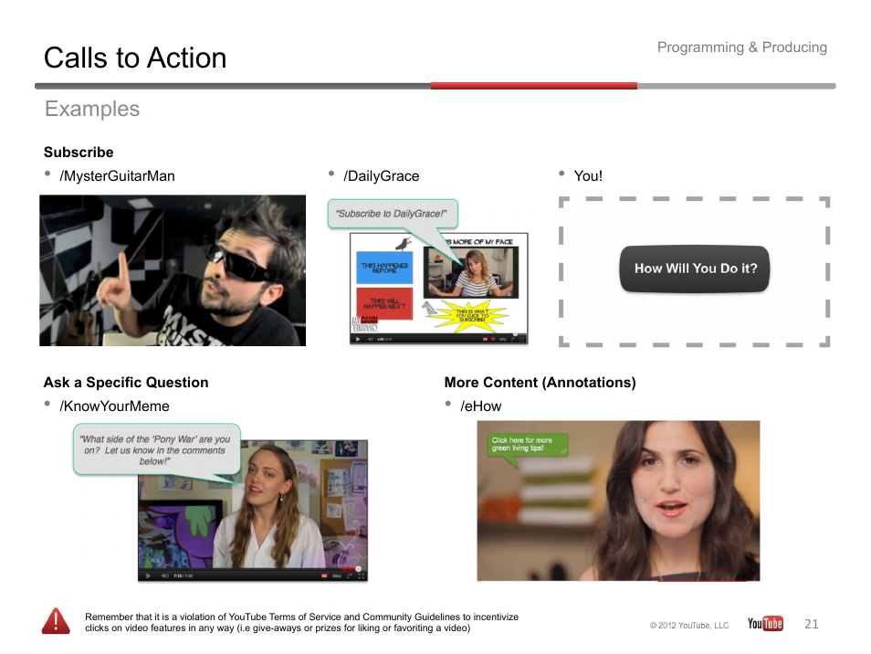 Calls to action, Examples | Google YouTube Creator Playbook Guide Version 2 User Manual | Page 21 / 91