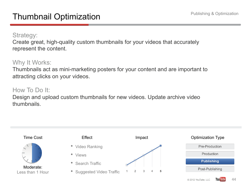 Thumbnail optimization, Strategy, Why it works | How to do it | Google YouTube Creator Playbook Guide Version 2 User Manual | Page 44 / 91