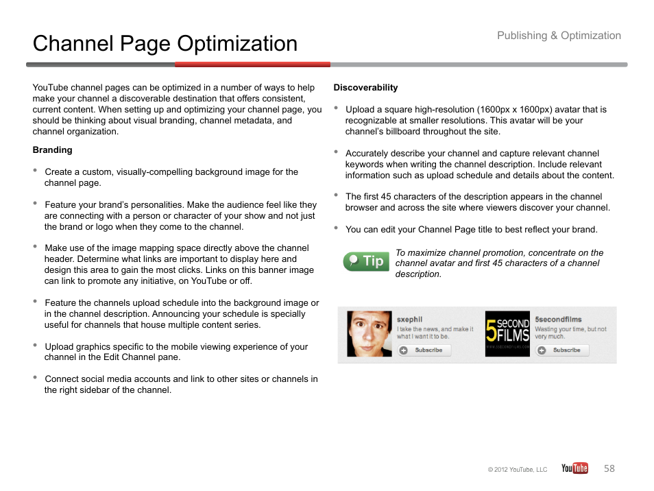 Channel page optimization | Google YouTube Creator Playbook Guide Version 2 User Manual | Page 58 / 91