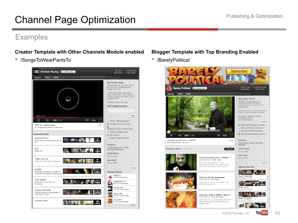 Channel page optimization, Examples | Google YouTube Creator Playbook Guide Version 2 User Manual | Page 61 / 91