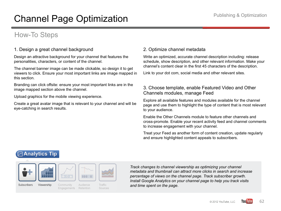 Channel page optimization, How-to steps | Google YouTube Creator Playbook Guide Version 2 User Manual | Page 62 / 91