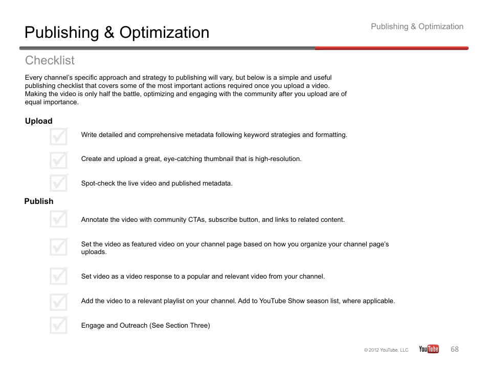 Publishing & optimization, Checklist | Google YouTube Creator Playbook Guide Version 2 User Manual | Page 68 / 91