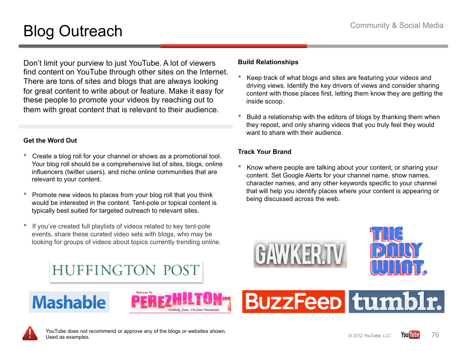 Blog outreach | Google YouTube Creator Playbook Guide Version 2 User Manual | Page 76 / 91
