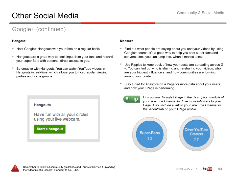 Other social media, Google+ (continued) | Google YouTube Creator Playbook Guide Version 2 User Manual | Page 80 / 91