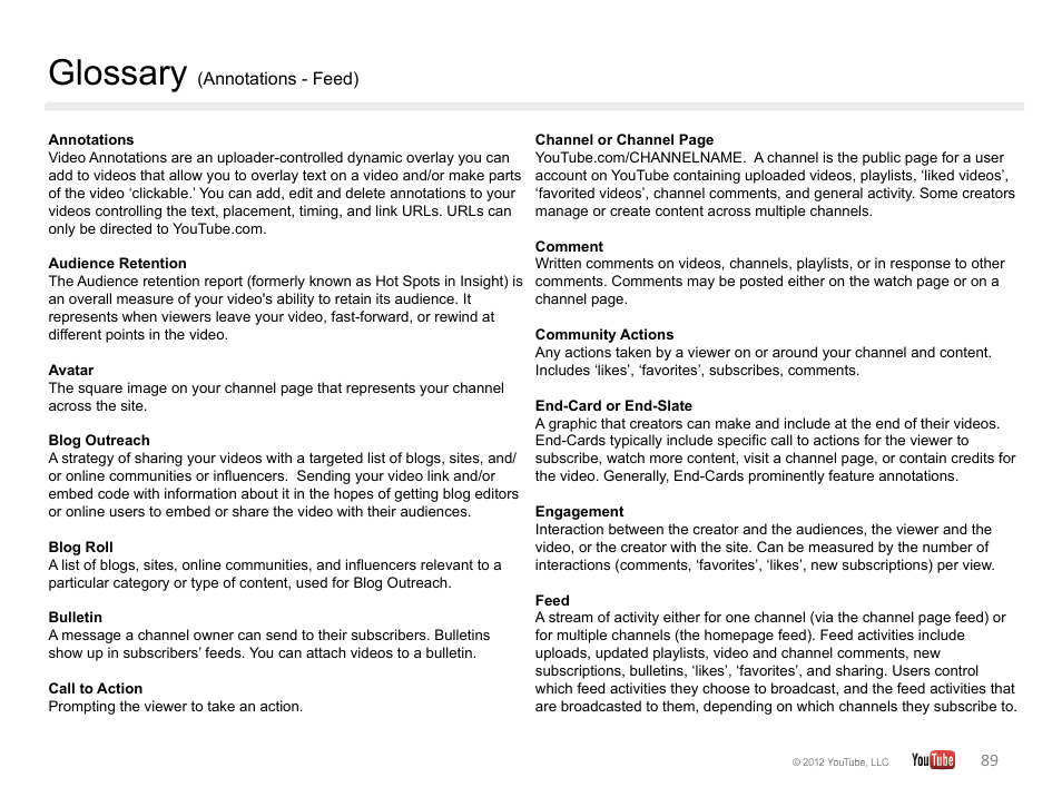 Glossary | Google YouTube Creator Playbook Guide Version 2 User Manual | Page 89 / 91