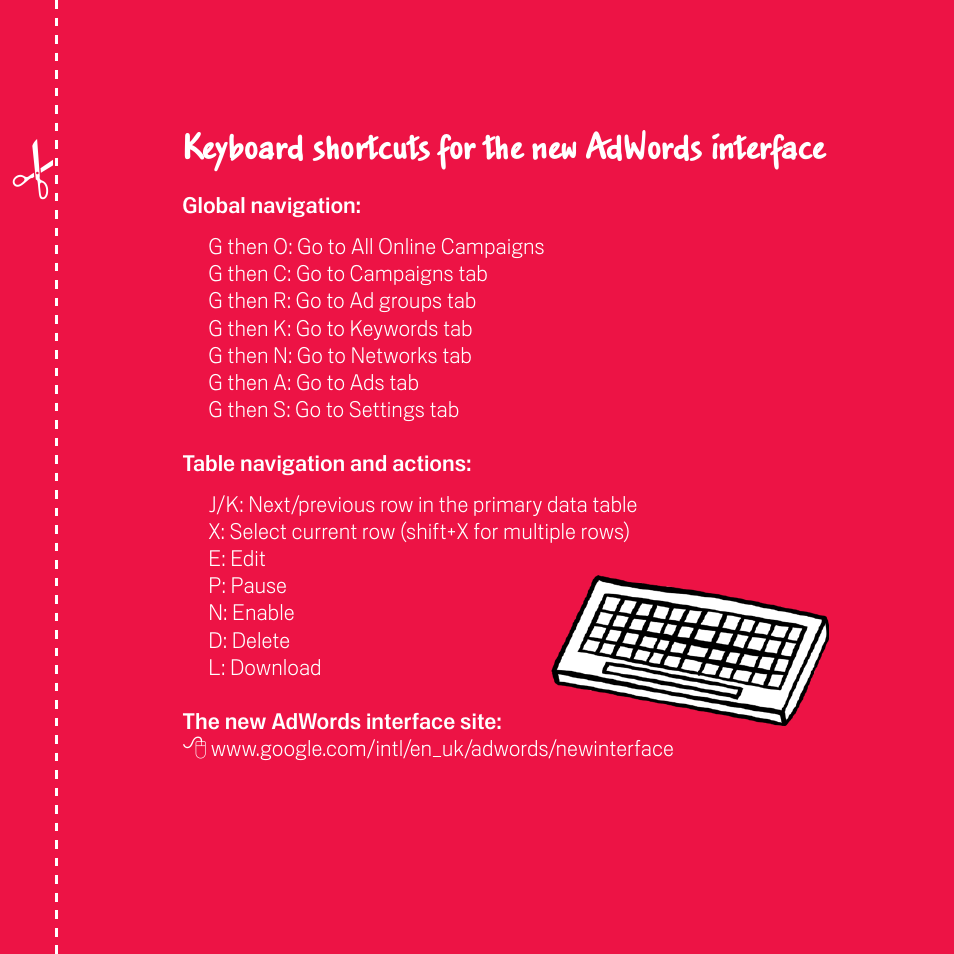 Keyboard shortcuts for the new adwords interface | Google Search hero Utility Belt Instruction Manual User Manual | Page 19 / 20