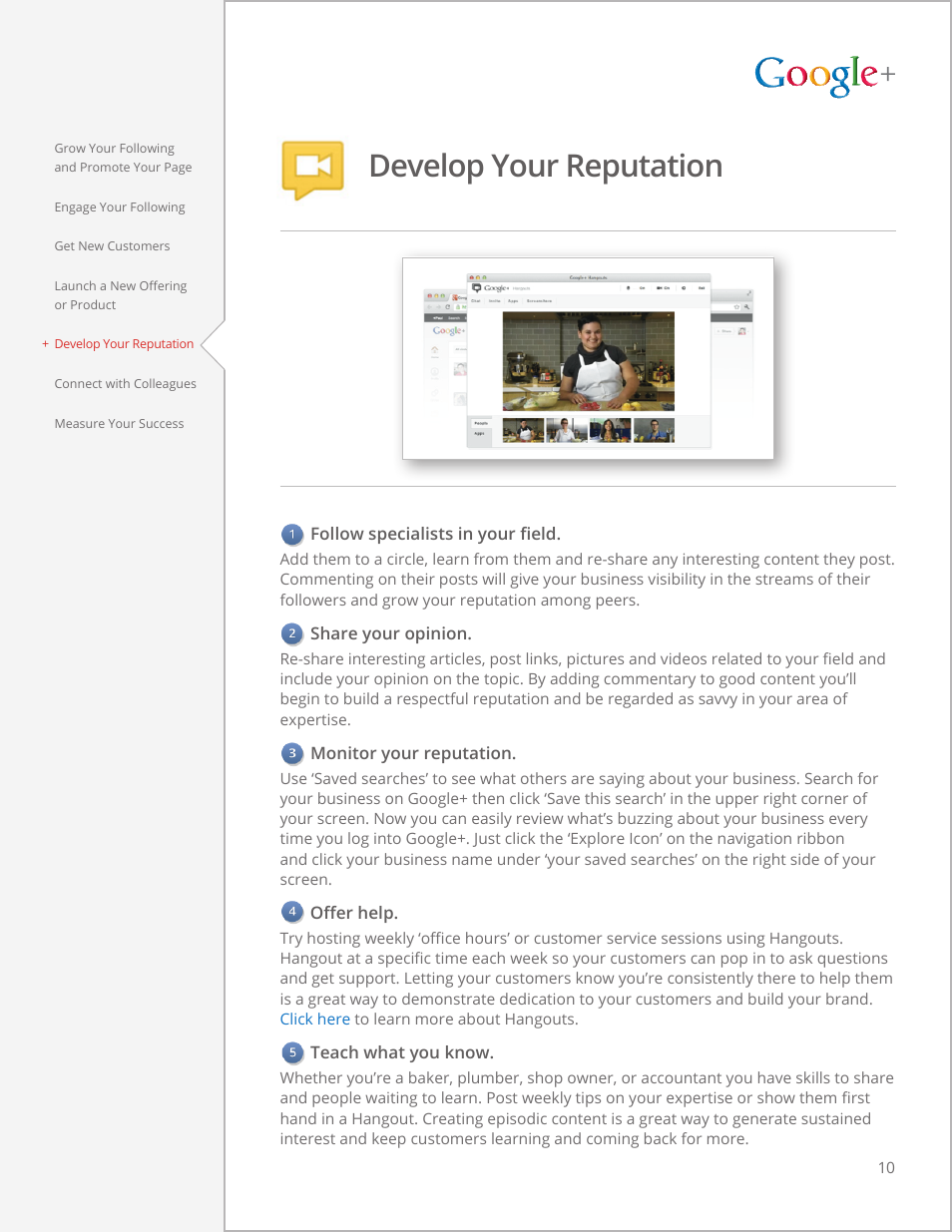 Google+ for business, The guide to, Getting started | The guide to google+ for business, Develop your reputation, Follow specialists in your field, Share your opinion, Monitor your reputation, Offer help, Teach what you know | Google  for businesses Tips and strategies User Manual | Page 10 / 12