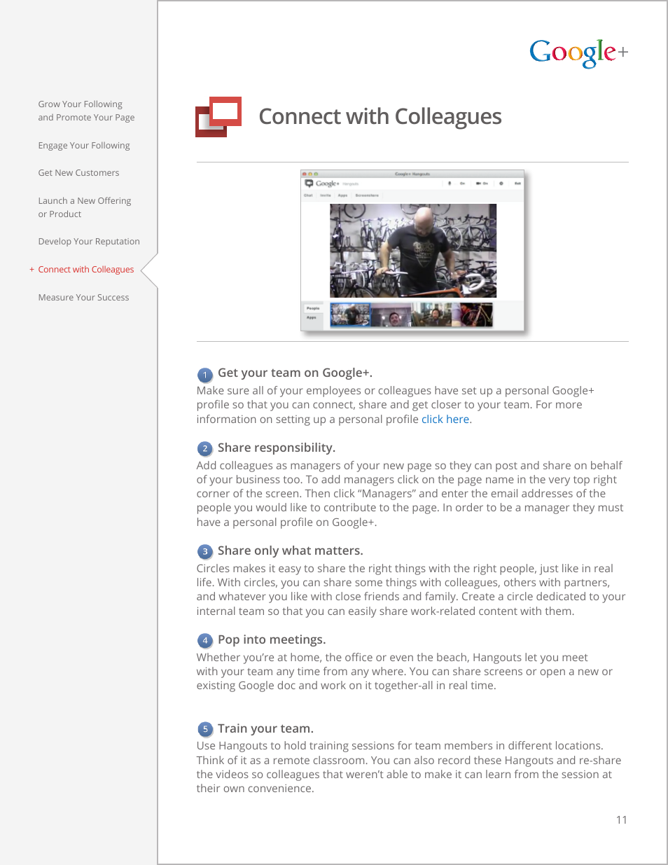 Connect with colleagues, Get your team on google, Share responsibility | Share only what matters, Pop into meetings, Train your team | Google  for businesses Tips and strategies User Manual | Page 11 / 12