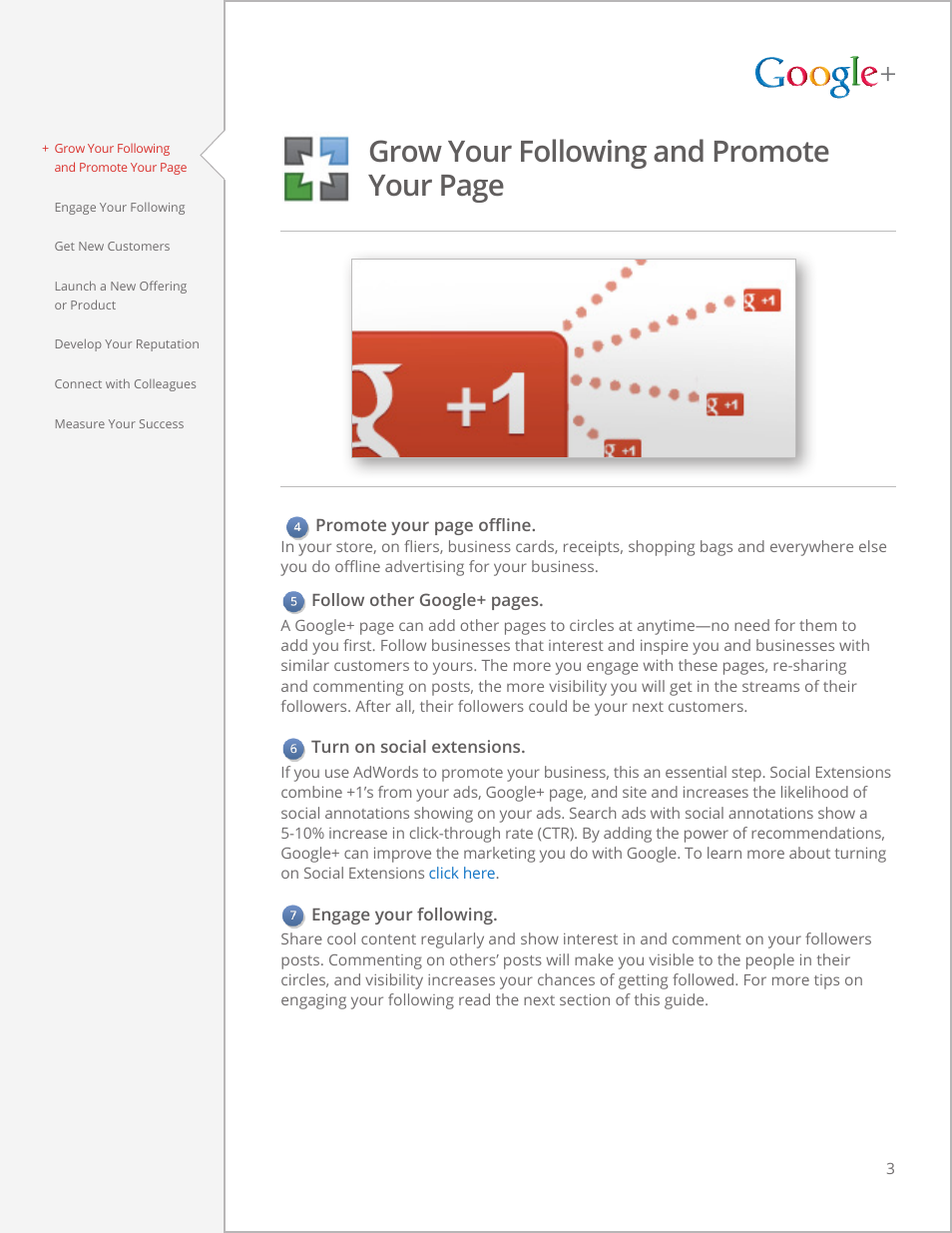 Google+ for business, The guide to, Getting started | The guide to google+ for business, Grow your following and promote your page, Promote your page offline, Follow other google+ pages, Turn on social extensions, Engage your following | Google  for businesses Tips and strategies User Manual | Page 3 / 12