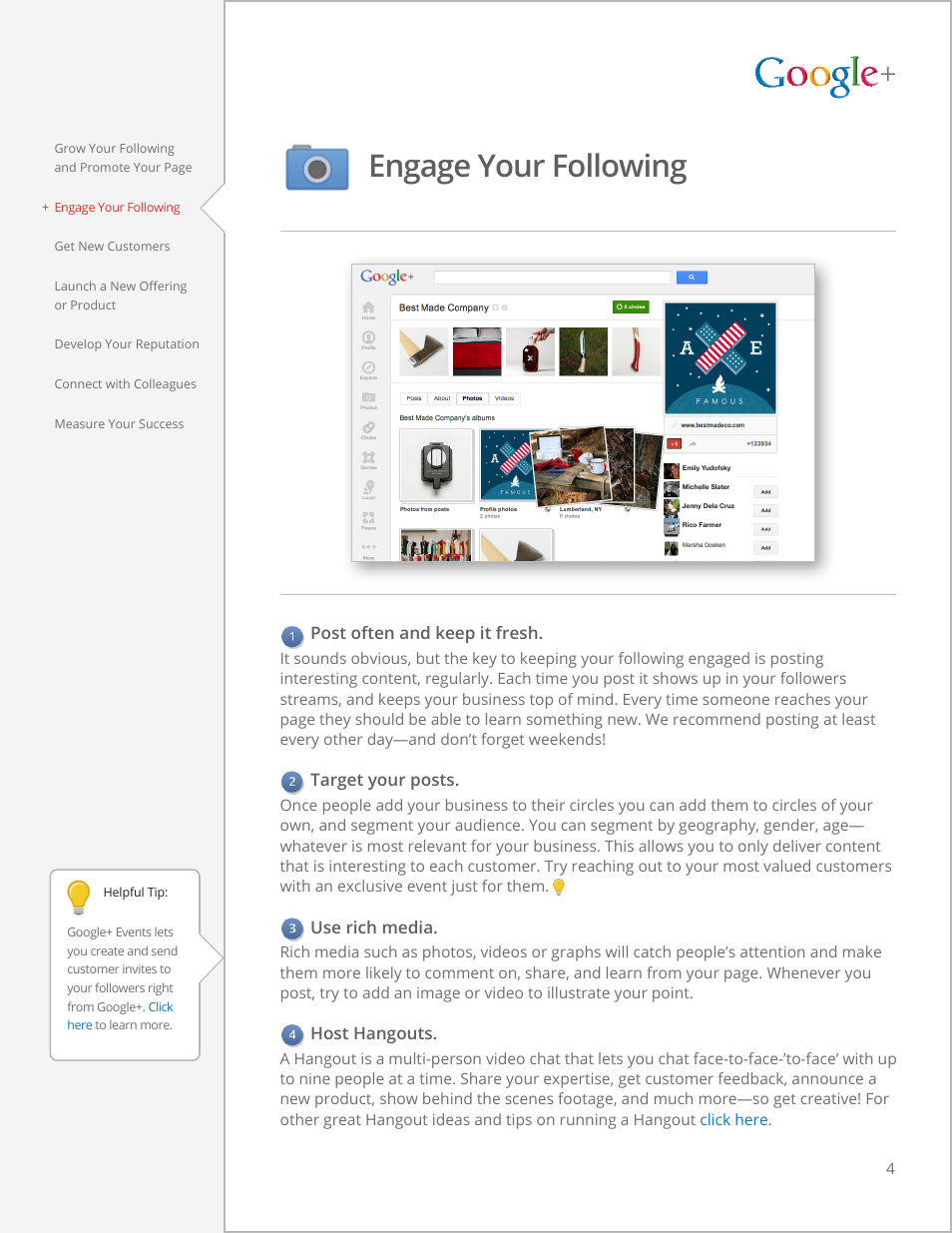 Google+ for business, The guide to, Getting started | The guide to google+ for business, Engage your following, Post often and keep it fresh, Target your posts, Use rich media, Host hangouts | Google  for businesses Tips and strategies User Manual | Page 4 / 12