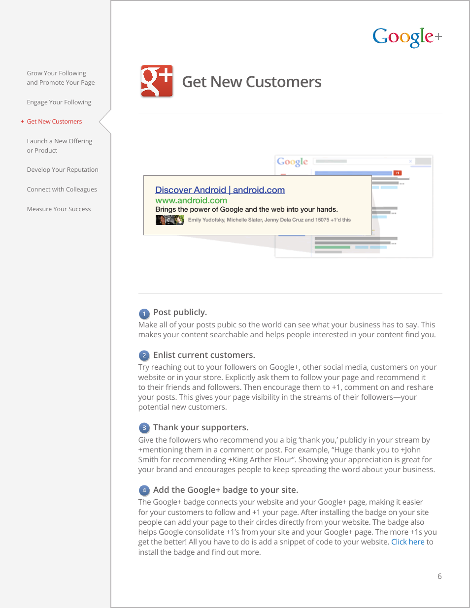 Google+ for business, The guide to, Getting started | The guide to google+ for business, Get new customers, Post publicly, Enlist current customers, Add the google+ badge to your site | Google  for businesses Tips and strategies User Manual | Page 6 / 12