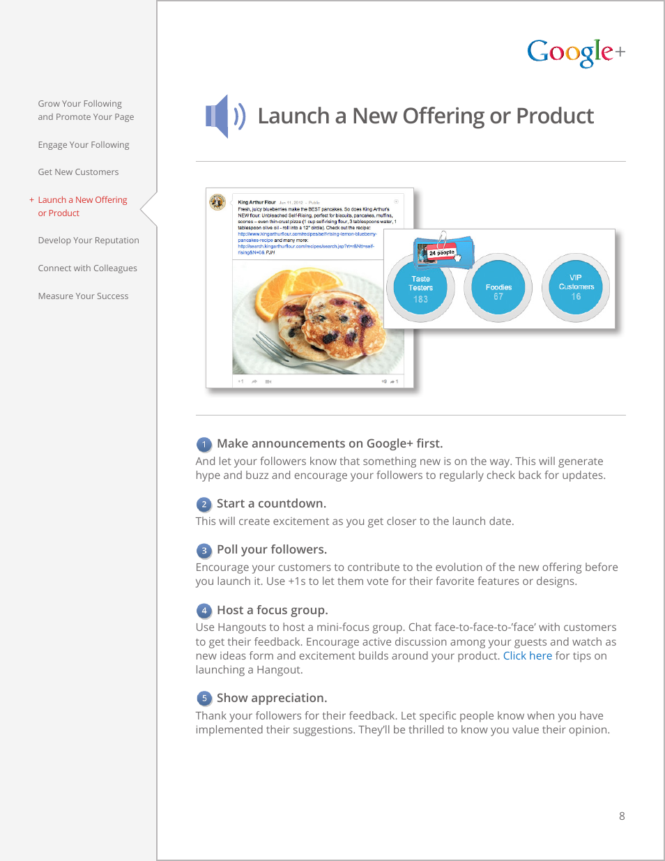 Launch a new offering or product, Make announcements on google+ first, Start a countdown | Poll your followers, Host a focus group, Show appreciation | Google  for businesses Tips and strategies User Manual | Page 8 / 12