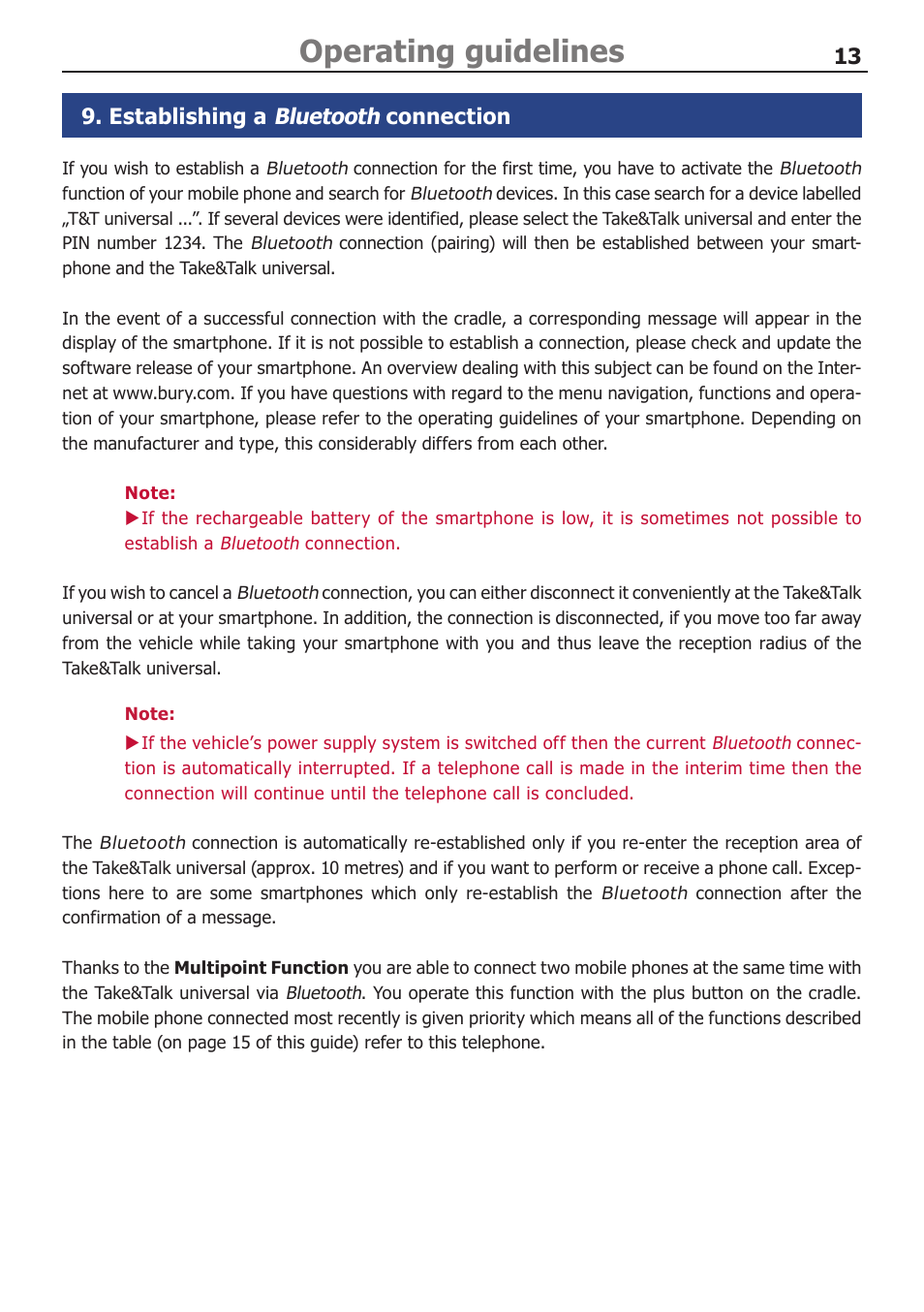 Operating guidelines, Bluetooth | BURY UNI Take&Talk universal User Manual | Page 15 / 24