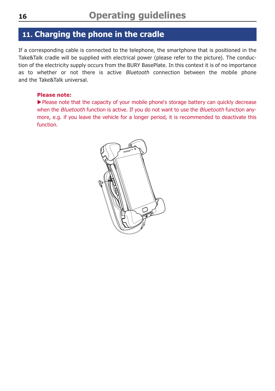 Operating guidelines, Charging the phone in the cradle | BURY UNI Take&Talk universal User Manual | Page 18 / 24