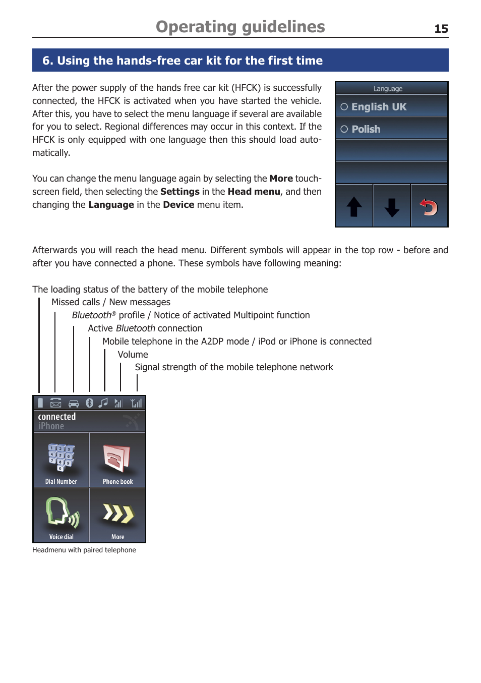Operating guidelines, Using the hands-free car kit for the first time | BURY CC 9060 Music USER Manual User Manual | Page 15 / 44