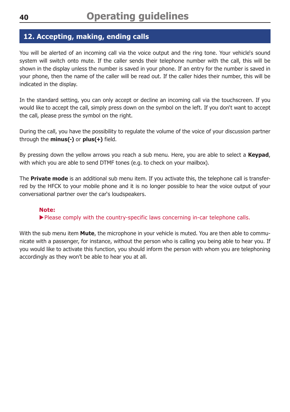 Accepting, making, ending calls, Operating guidelines | BURY CC 9060 Music USER Manual User Manual | Page 40 / 44