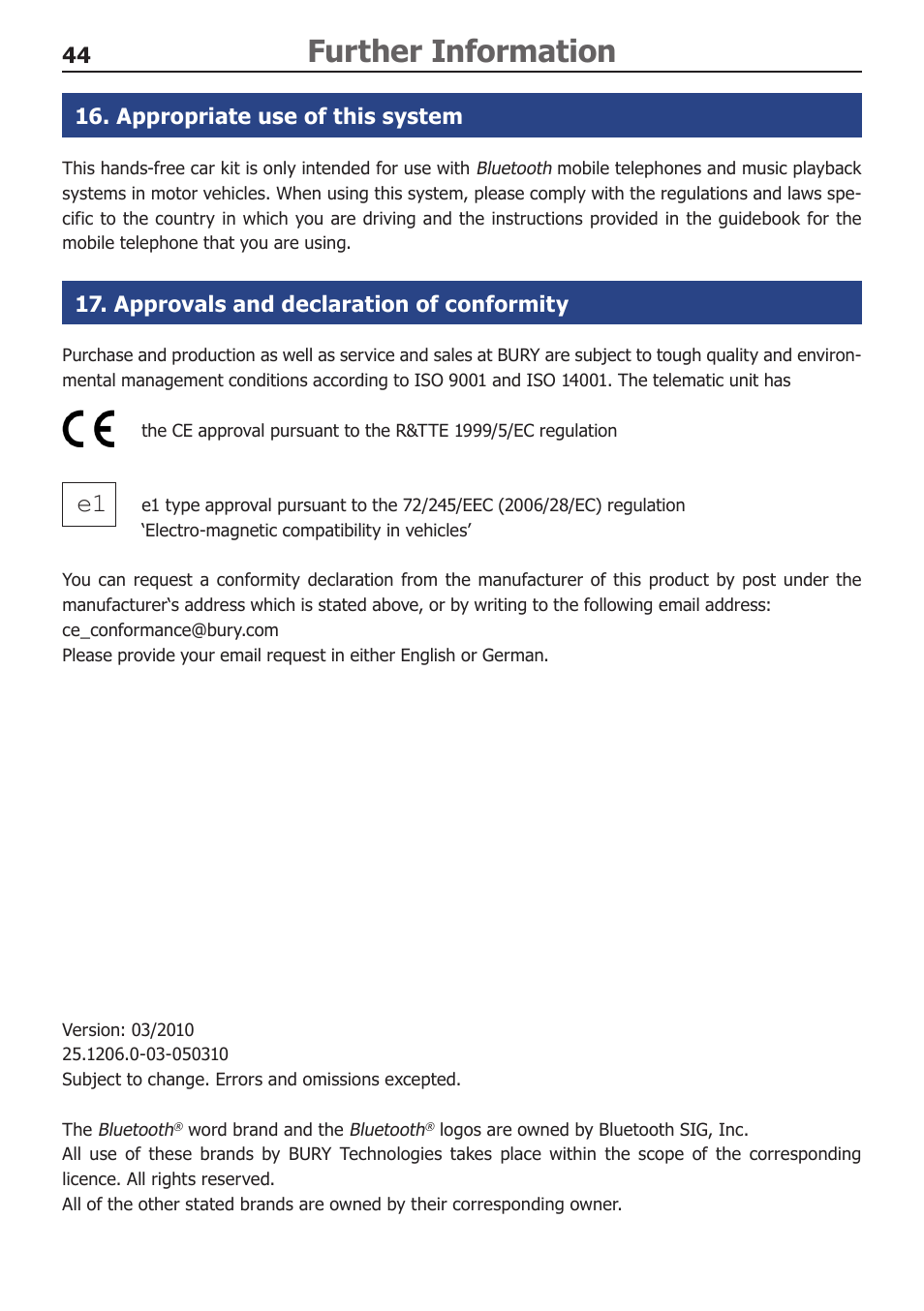 Appropriate use of this system, Approvals and declaration of conformity, Further information | BURY CC 9060 Music USER Manual User Manual | Page 44 / 44