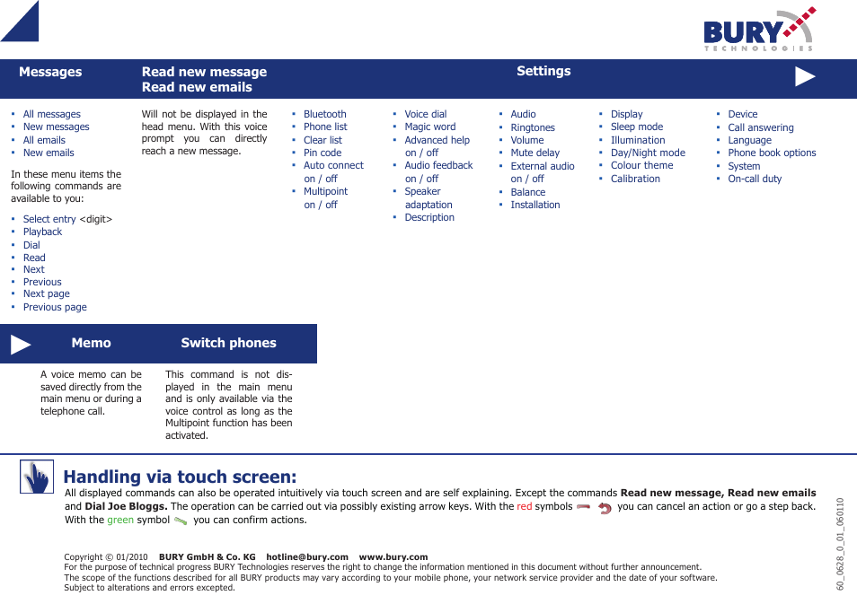 Handling via touch screen | BURY CC 9060 Music QUICK USER GUIDE User Manual | Page 2 / 2