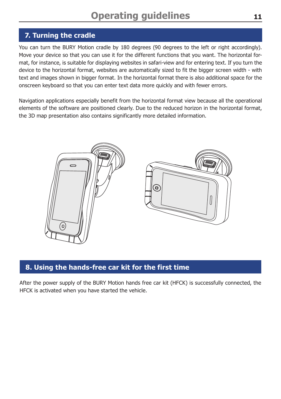 Operating guidelines, Turning the cradle, Using the hands-free car kit for the first time | BURY Motion User Manual | Page 11 / 16