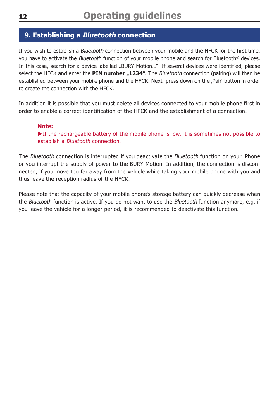 Establishing a bluetooth connection, Establishing a, Bluetooth connection | Operating guidelines, Bluetooth | BURY Motion User Manual | Page 12 / 16