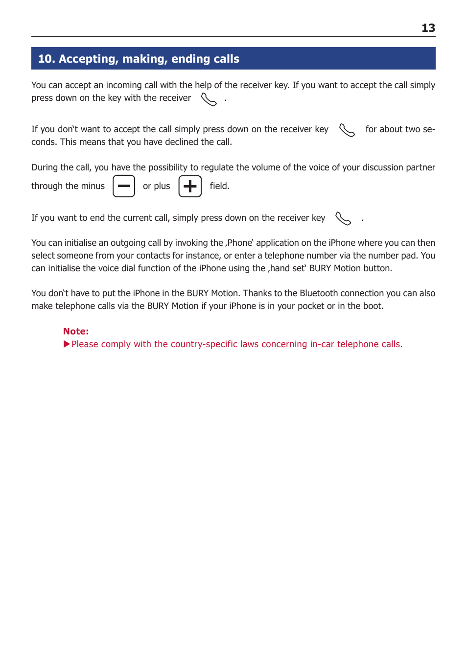 Accepting, making, ending calls, 13 10. accepting, making, ending calls | BURY Motion User Manual | Page 13 / 16