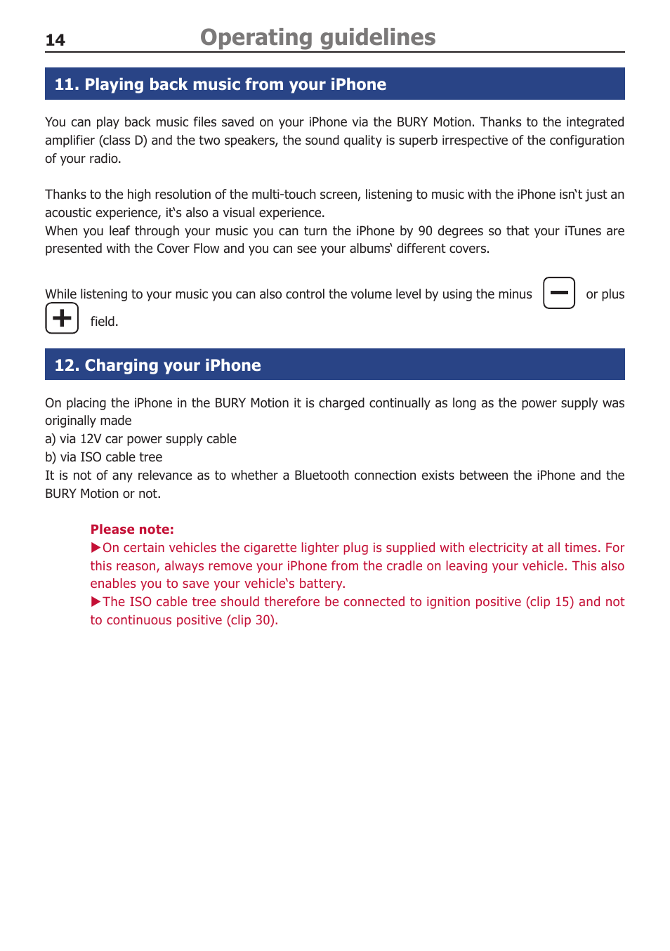 Playing back music from your iphone, Charging your iphone, Operating guidelines | BURY Motion User Manual | Page 14 / 16