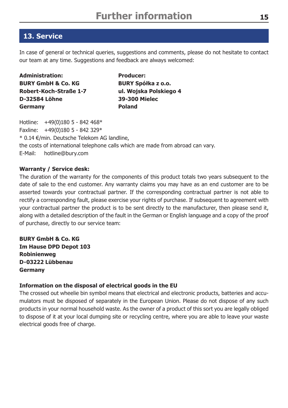 Further information, Service | BURY Motion User Manual | Page 15 / 16