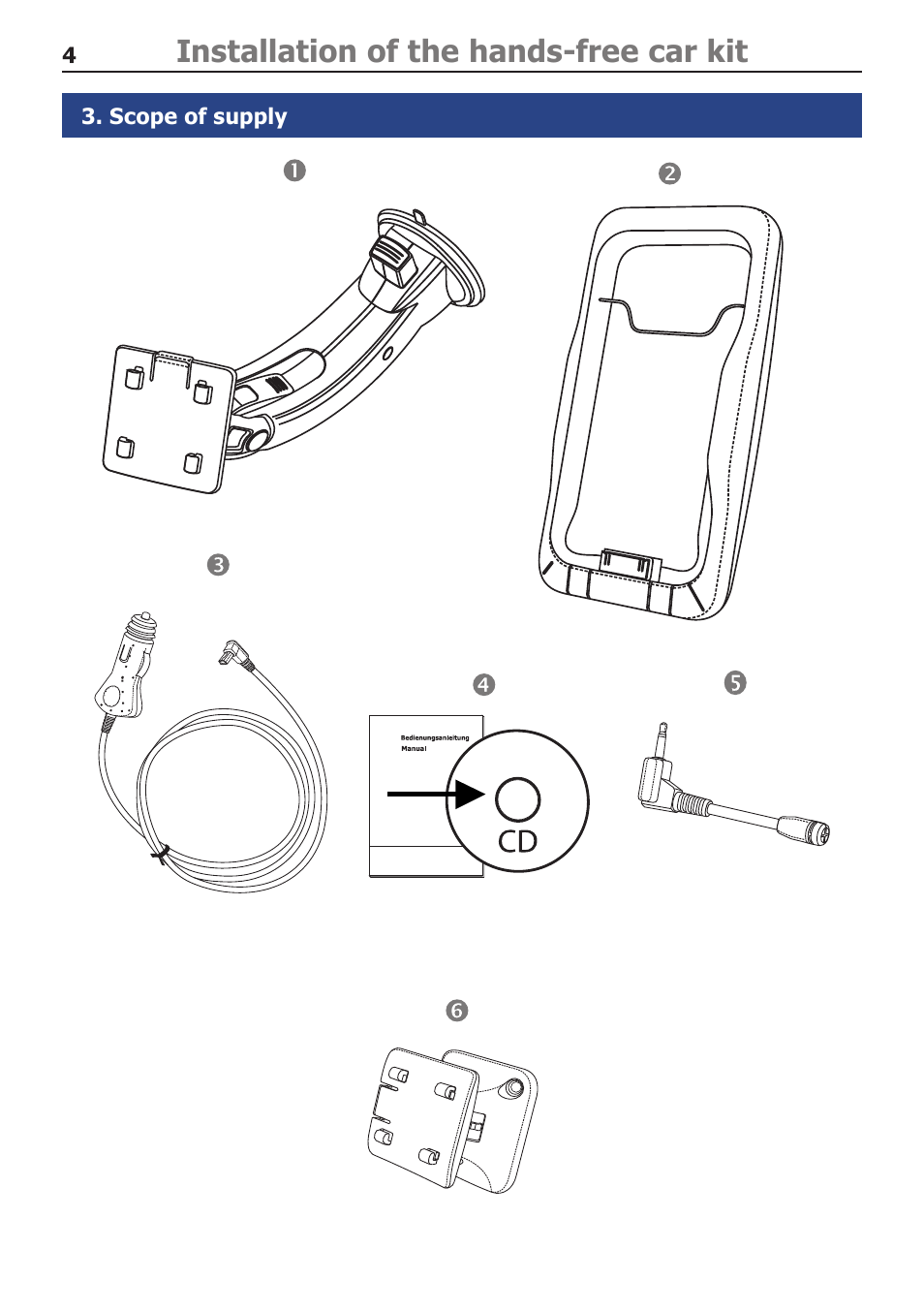 Installation of the hands-free car kit, Scope of supply | BURY Motion User Manual | Page 4 / 16