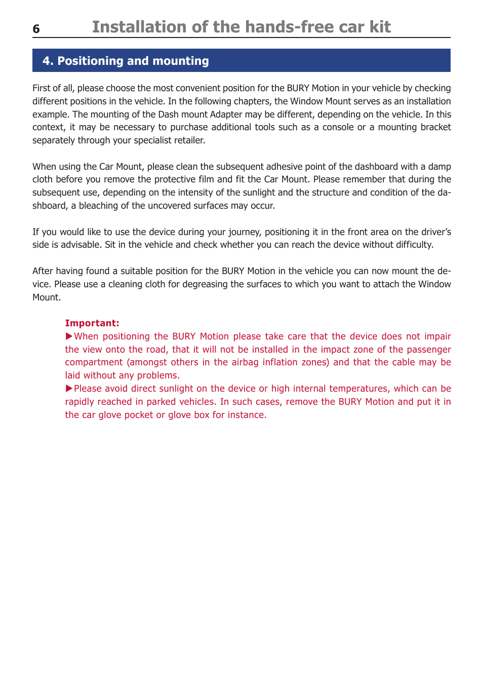 Positioning and mounting, Installation of the hands-free car kit | BURY Motion User Manual | Page 6 / 16