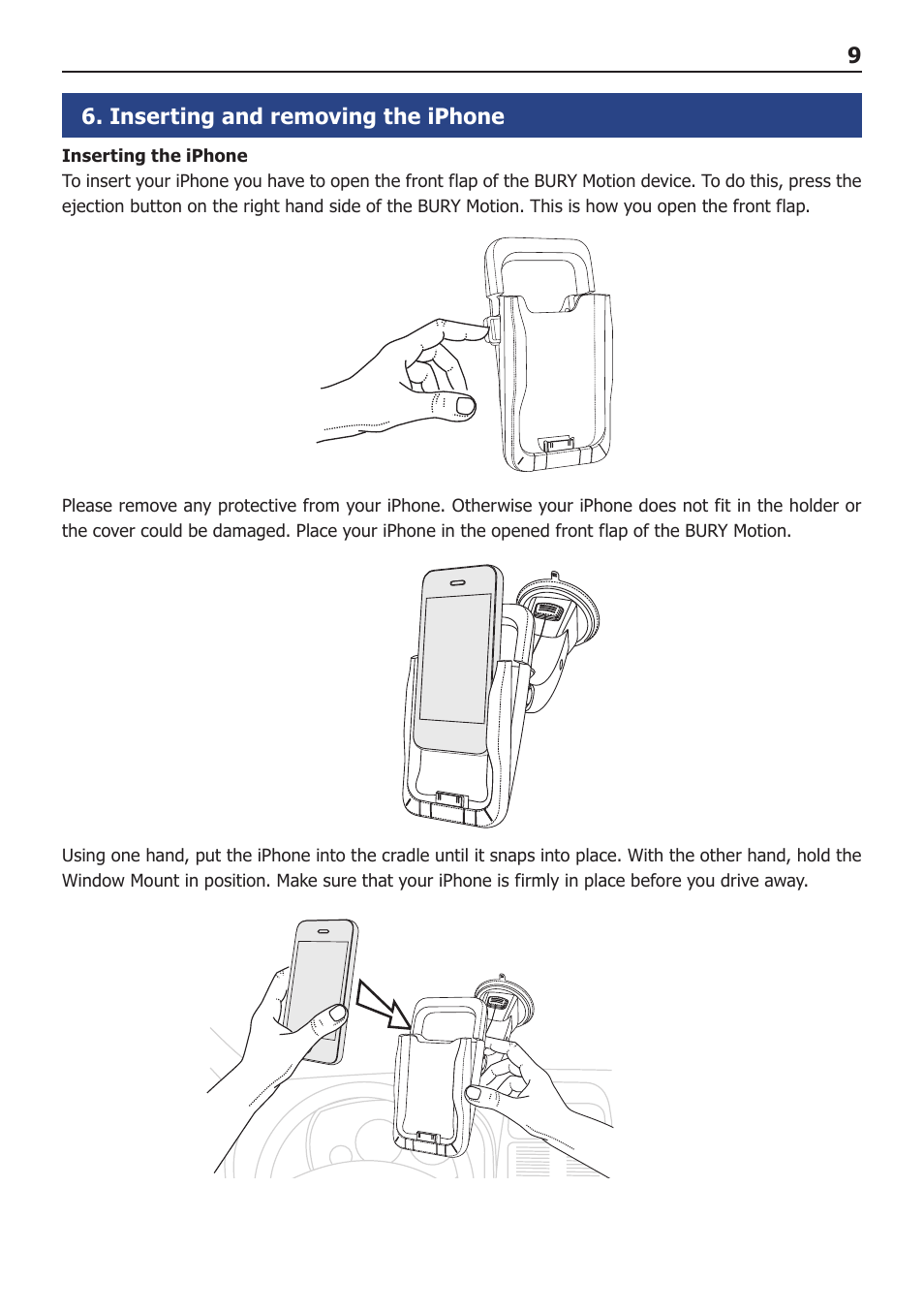 Inserting and removing the iphone | BURY Motion User Manual | Page 9 / 16