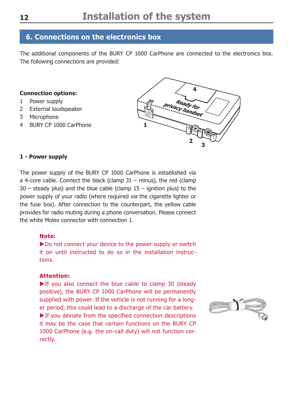 Installation of the system | BURY CP 1000 CarPhone USER Manual User Manual | Page 12 / 32