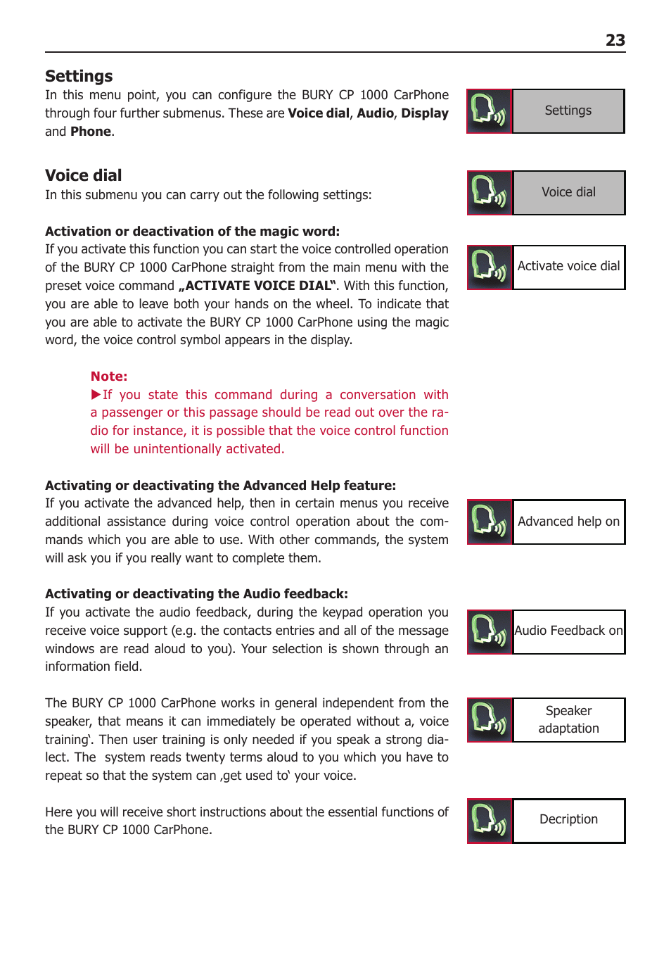 23 settings, Voice dial | BURY CP 1000 CarPhone USER Manual User Manual | Page 23 / 32