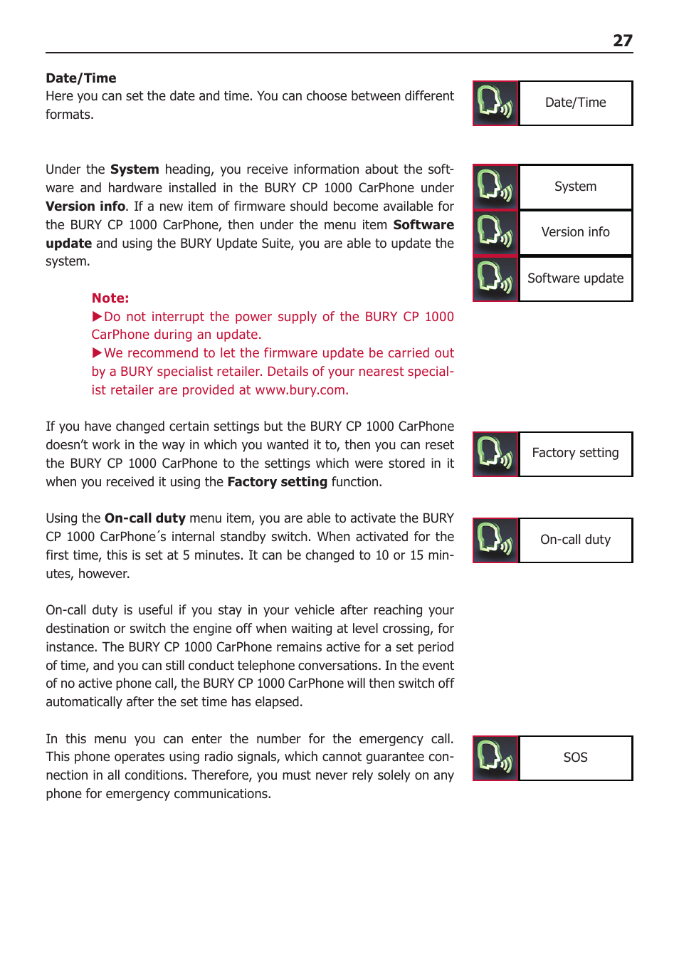 BURY CP 1000 CarPhone USER Manual User Manual | Page 27 / 32