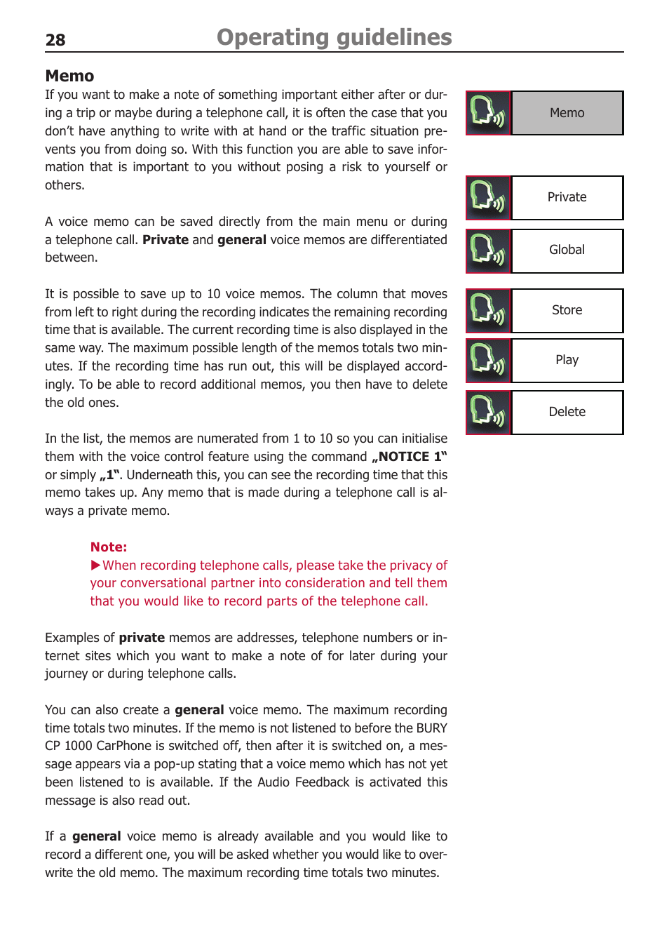 Operating guidelines | BURY CP 1000 CarPhone USER Manual User Manual | Page 28 / 32