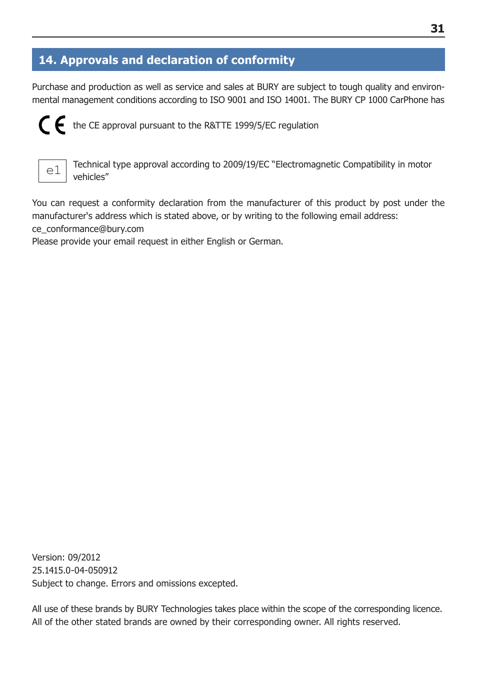 BURY CP 1000 CarPhone USER Manual User Manual | Page 31 / 32