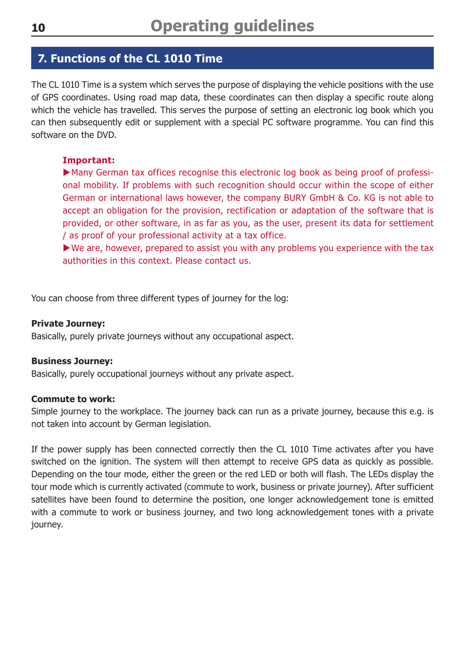 Operating guidelines, Functions of the cl 1010 time | BURY CL 1010 Time User Manual | Page 10 / 14