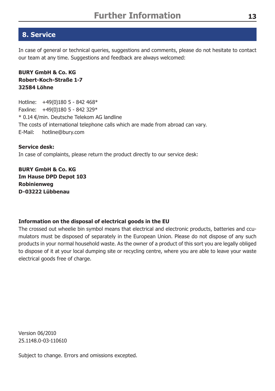 Further information, Service | BURY CL 1010 Time User Manual | Page 13 / 14