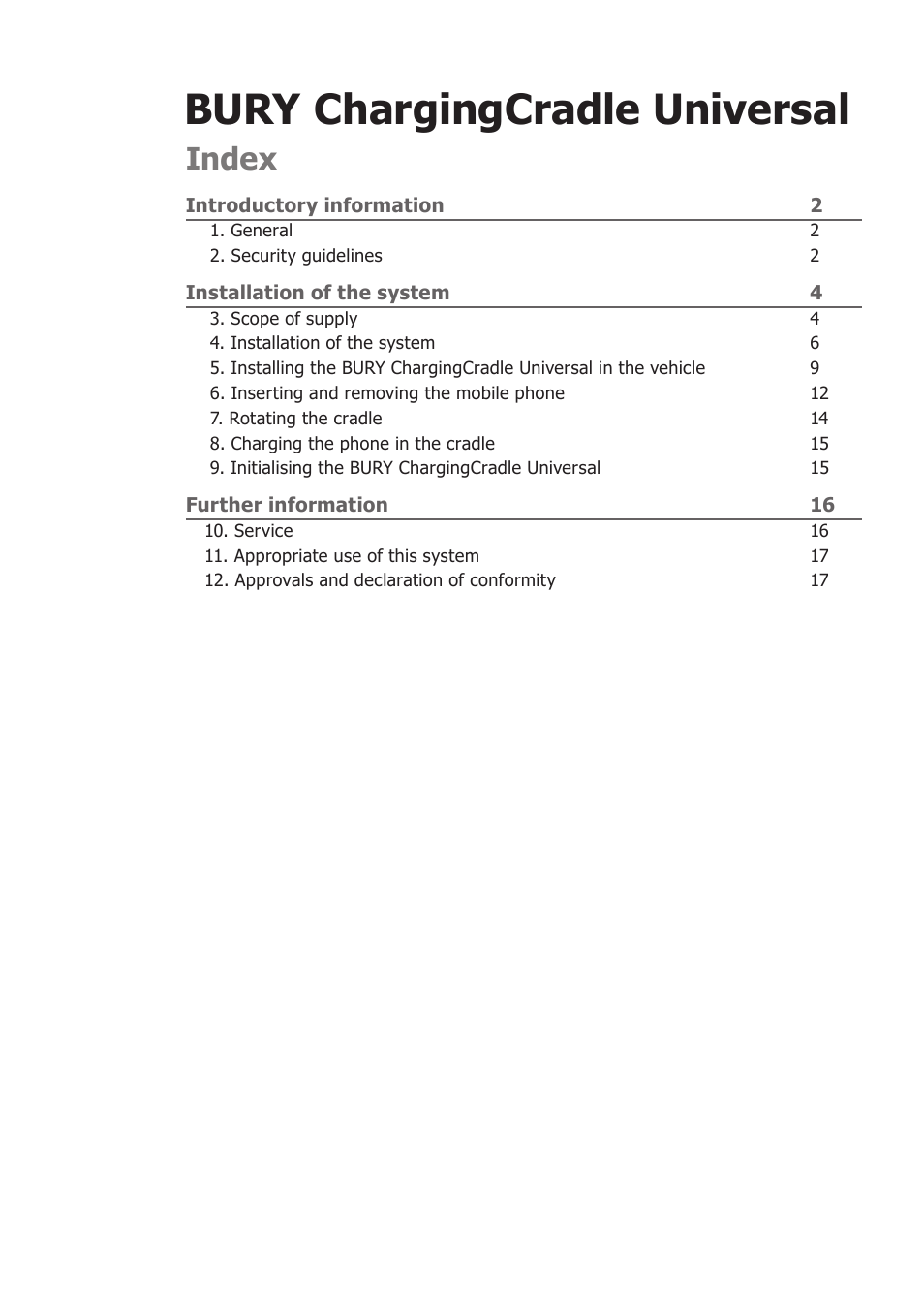 Bury chargingcradle universal, Index | BURY ChargingCradle Universal User Manual | Page 3 / 22