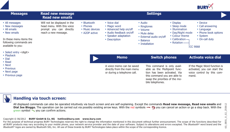 Handling via touch screen | BURY CC 9068 App QUICK USER GUIDE User Manual | Page 2 / 2