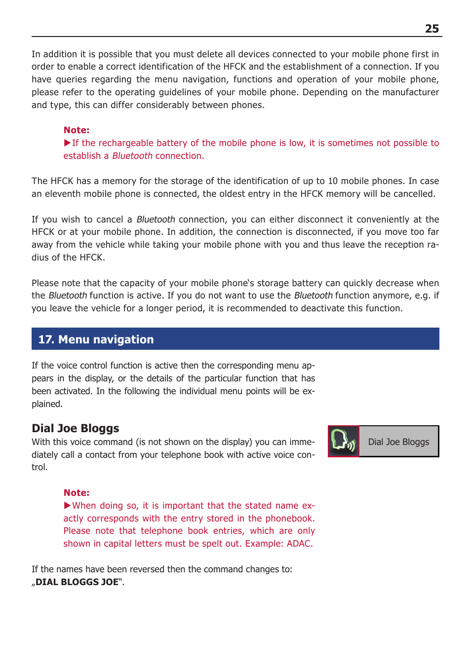 Menu navigation, Dial joe bloggs | BURY CC 9068 APP USER Manual User Manual | Page 25 / 44